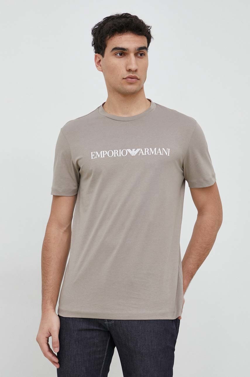 Emporio Armani Tricou Din Bumbac Culoarea Bej, Cu Imprimeu