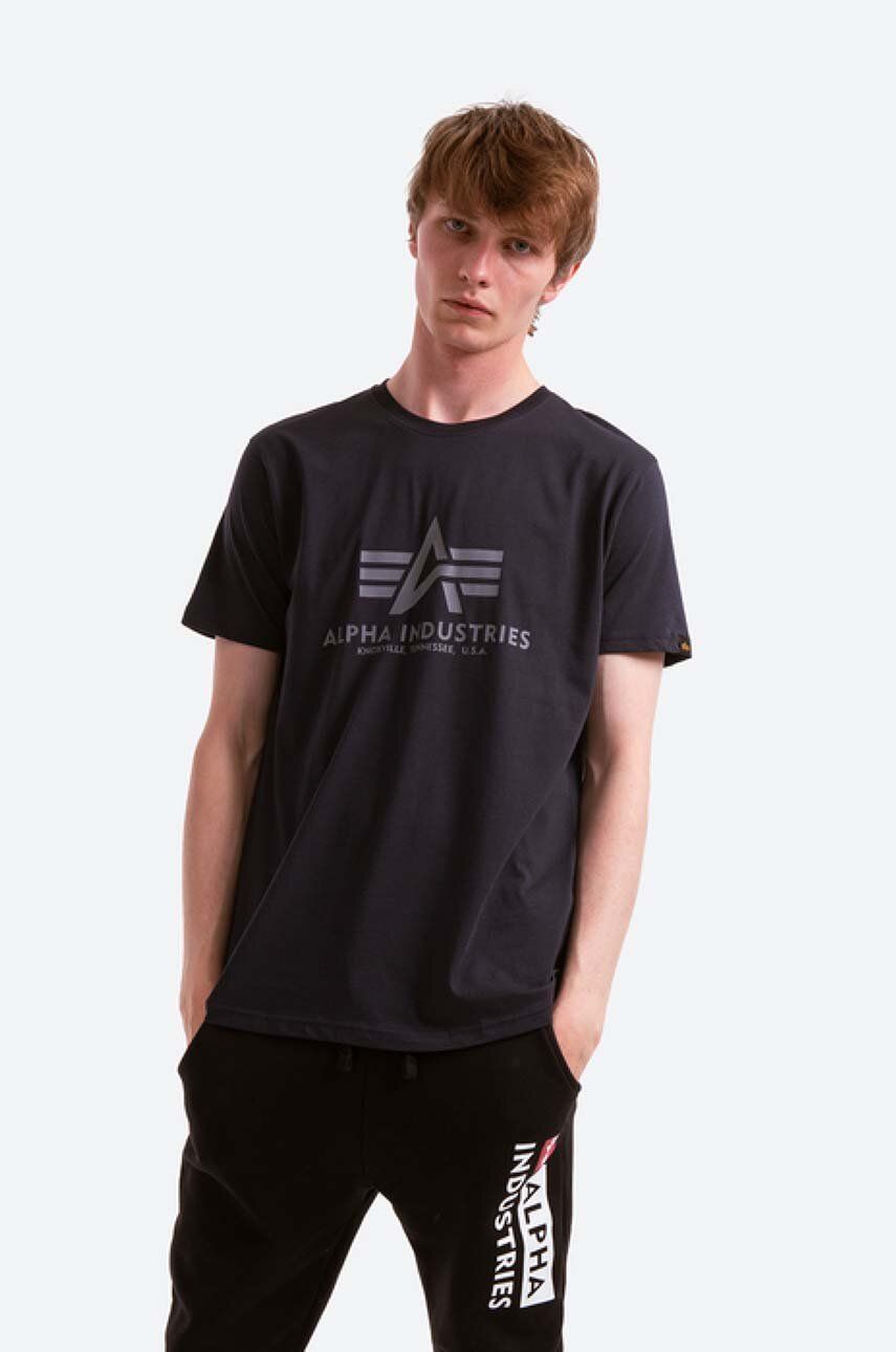 Bavlněné tričko Alpha Industries Basic T-Shirt tmavomodrá barva, s potiskem, 100501.07 - námořnická 