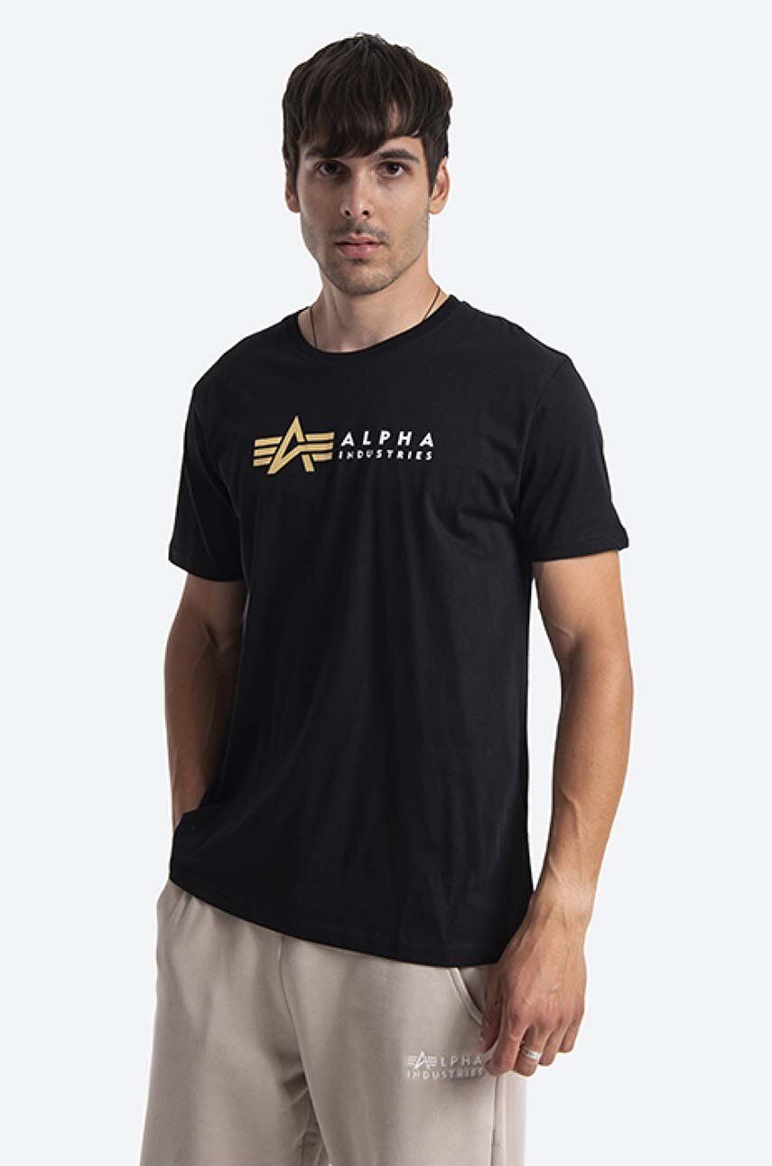 Bavlněné tričko Alpha Industries černá barva, s potiskem, 118502FP.03-black - černá -  100 % Ba
