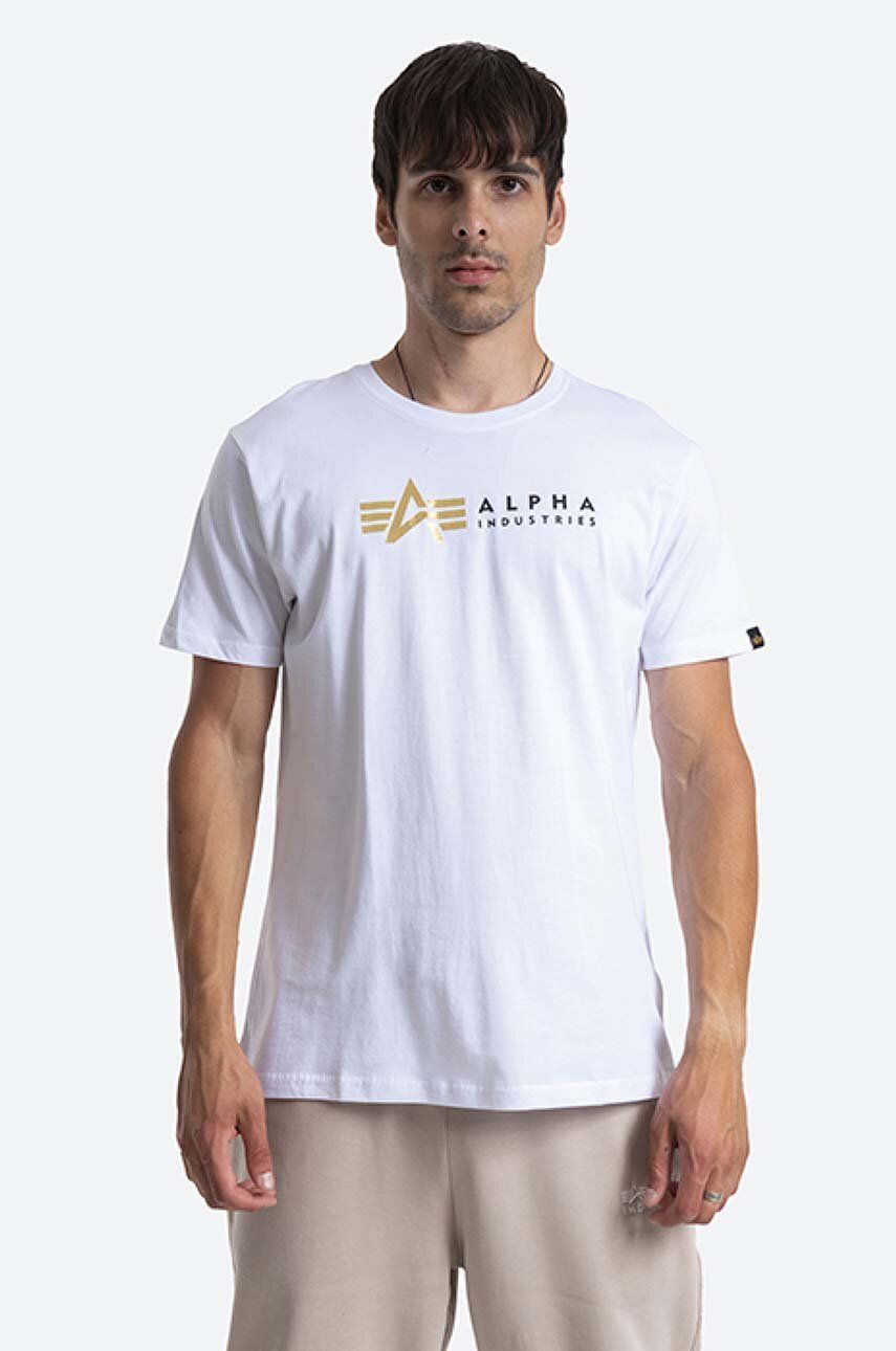 Bavlněné tričko Alpha Industries 118502FP 09 bílá barva, s potiskem, 118502FP.09-white - bílá - 