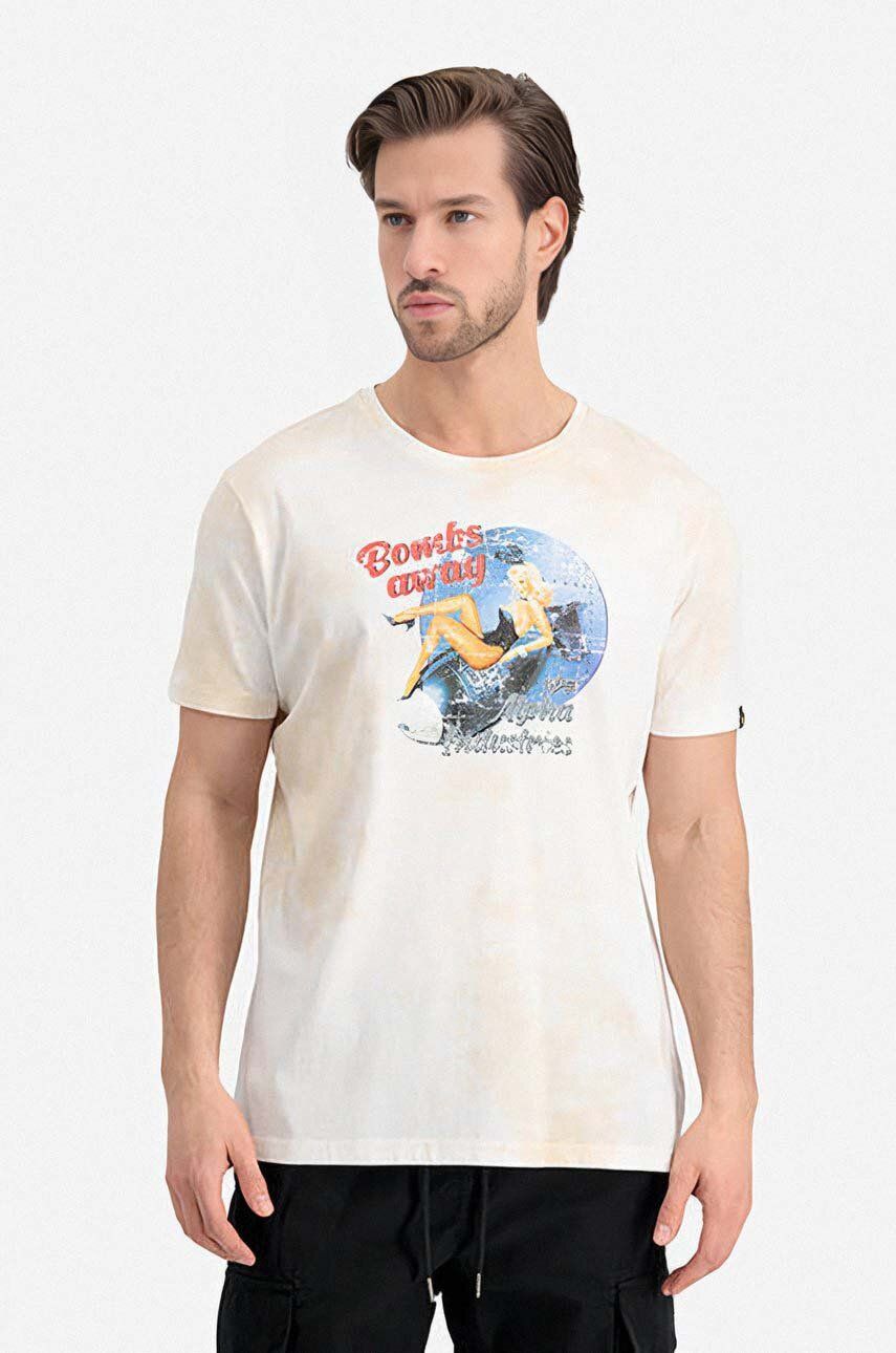 Bavlněné tričko Alpha Industries Nose Art T-Shirt béžová barva, s potiskem, 106520.300-cream