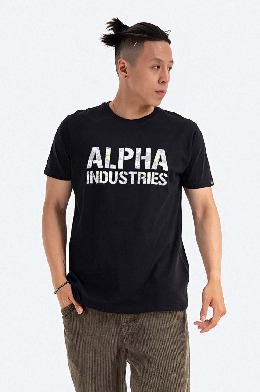 Bavlněné tričko Alpha Industries Camo černá barva, s potiskem, 156513.595-black - černá -  100 