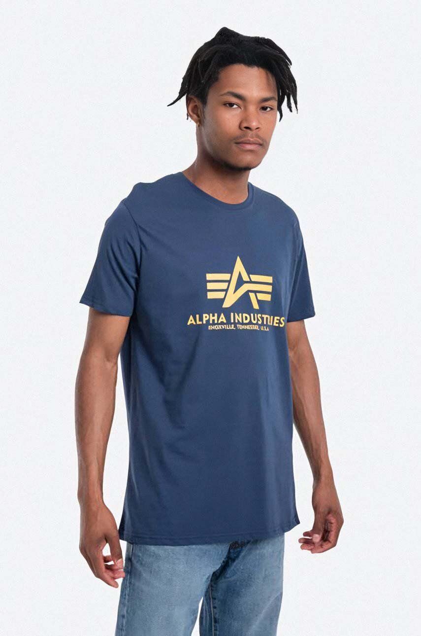 Bavlněné tričko Alpha Industries Basic T-Shirt s potiskem, 100501.435 - modrá -  100 % Bavlna