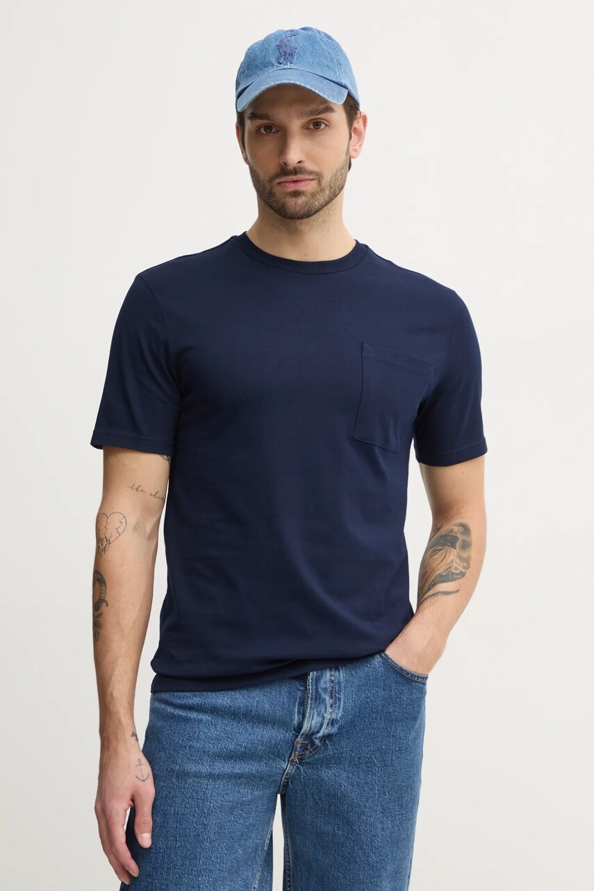 United Colors of Benetton tricou din bumbac barbati, culoarea albastru marin, neted, 3BL0U10A8