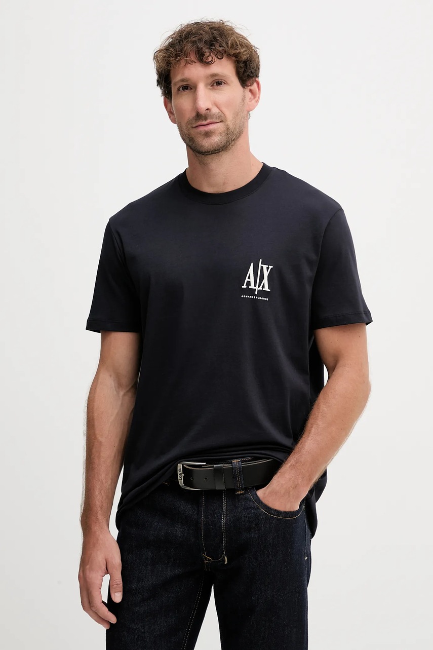 Levně Bavlněné tričko Armani Exchange pánské, tmavomodrá barva, s aplikací, XM000365 AF12308