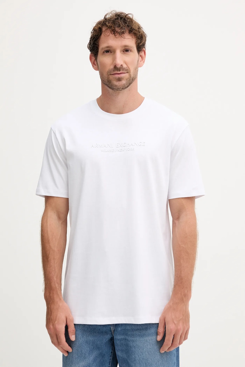 Levně Bavlněné tričko Armani Exchange pánské, bílá barva, s potiskem, XM001280 AF10361