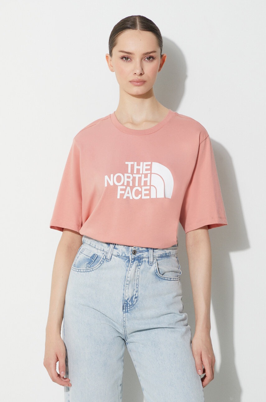 The North Face tricou din bumbac Relaxed Easy Tee culoarea portocaliu, cu imprimeu NF0A4M5PHCZ-PEACH