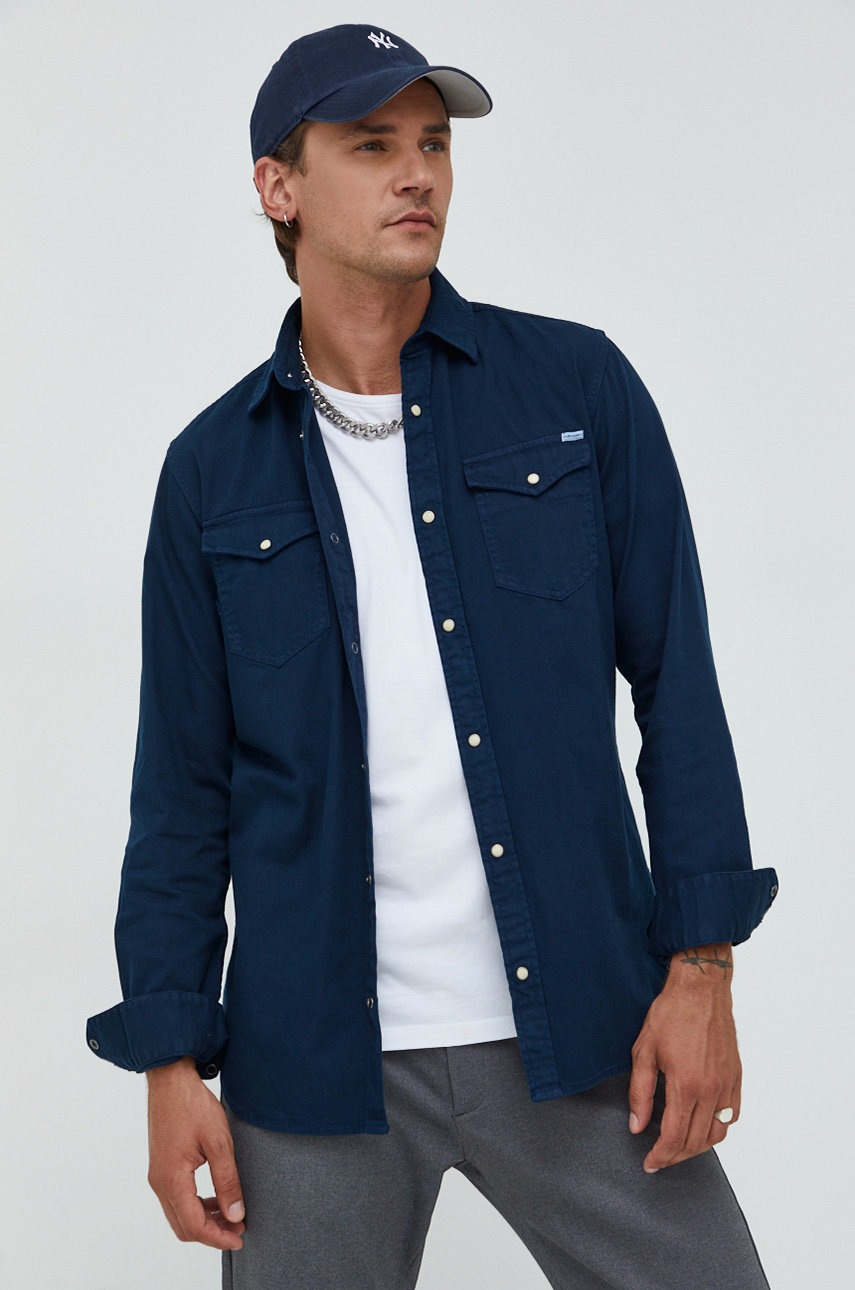 

Бавовняна сорочка Jack & Jones чоловіча колір синій regular класичний комір