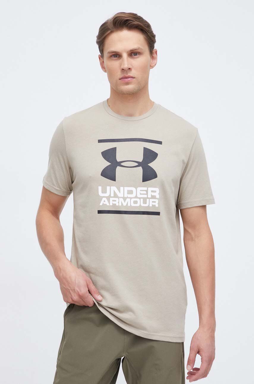 Funkční tričko Under Armour hnědá barva, s potiskem - béžová - Hlavní materiál: 60 % Bavlna