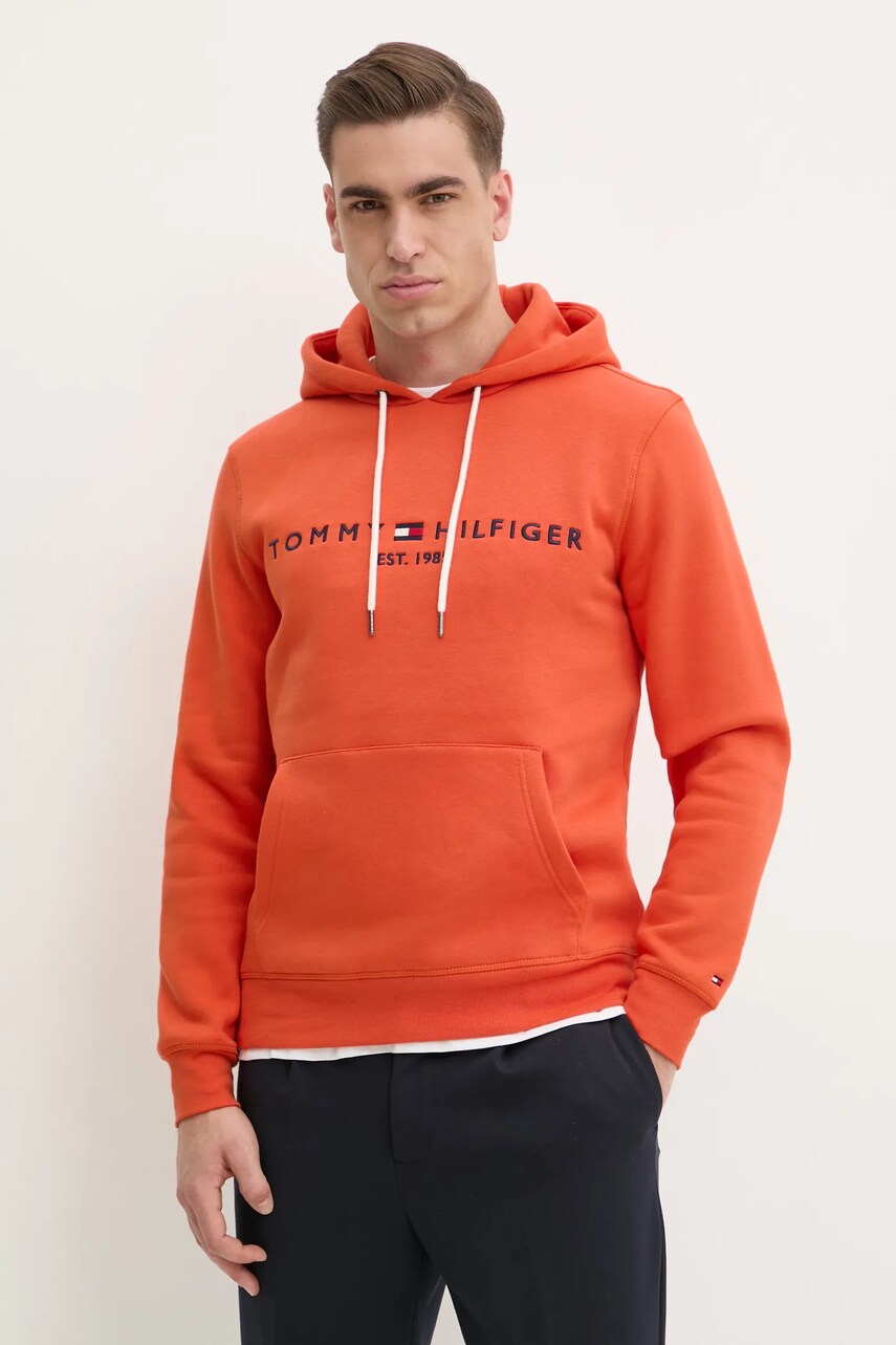 Levně Mikina Tommy Hilfiger pánská, oranžová barva, s kapucí, s aplikací