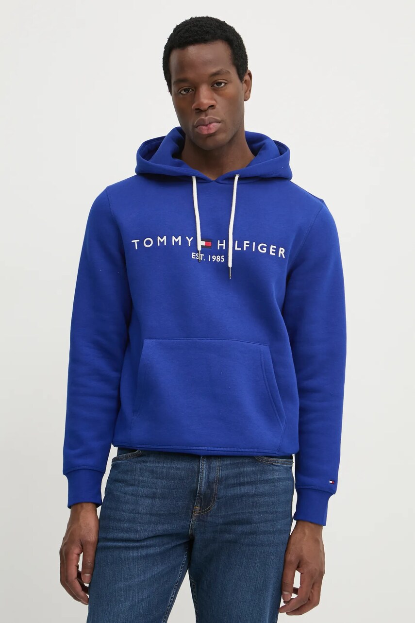 Levně Mikina Tommy Hilfiger pánská, modrá barva, s kapucí, s aplikací