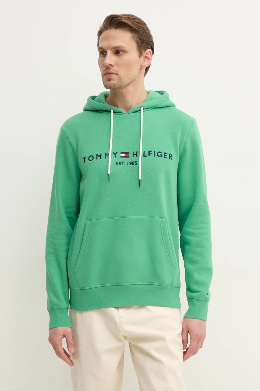 Levně Mikina Tommy Hilfiger pánská, zelená barva, s kapucí, s aplikací