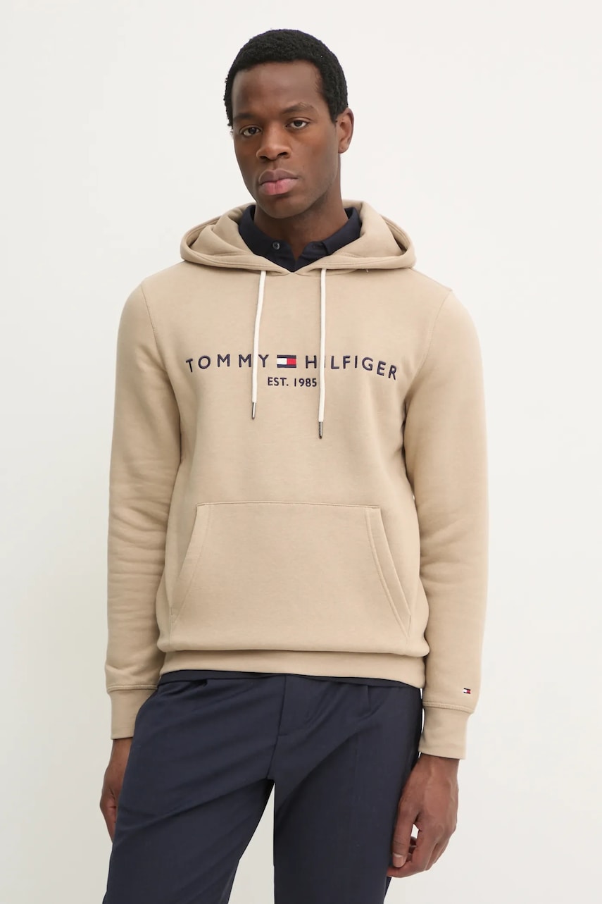 Mikina Tommy Hilfiger pánská, béžová barva, s kapucí, s aplikací
