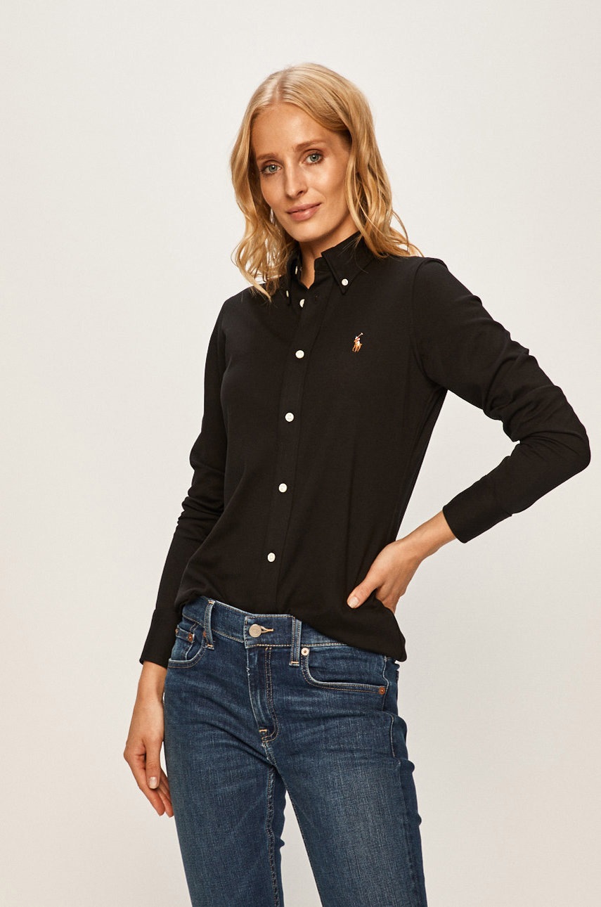 Polo Ralph Lauren koszula bawełniana damska kolor czarny regular z kołnierzykiem klasycznym