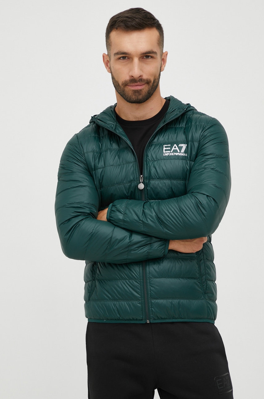 Péřová bunda EA7 Emporio Armani pánská, zelená barva, přechodná