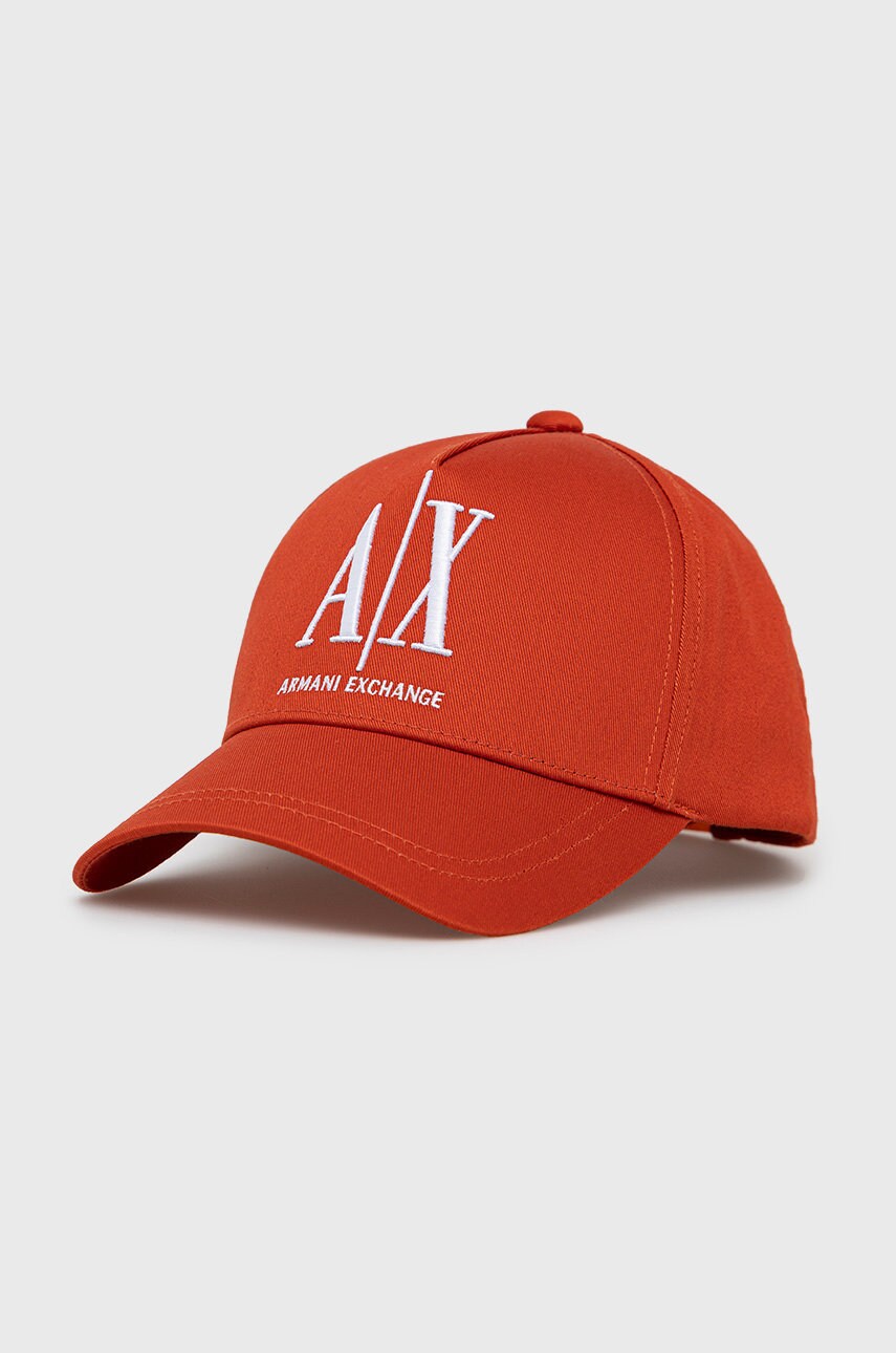Armani exchange caciula din bumbac culoarea rosu, cu imprimeu