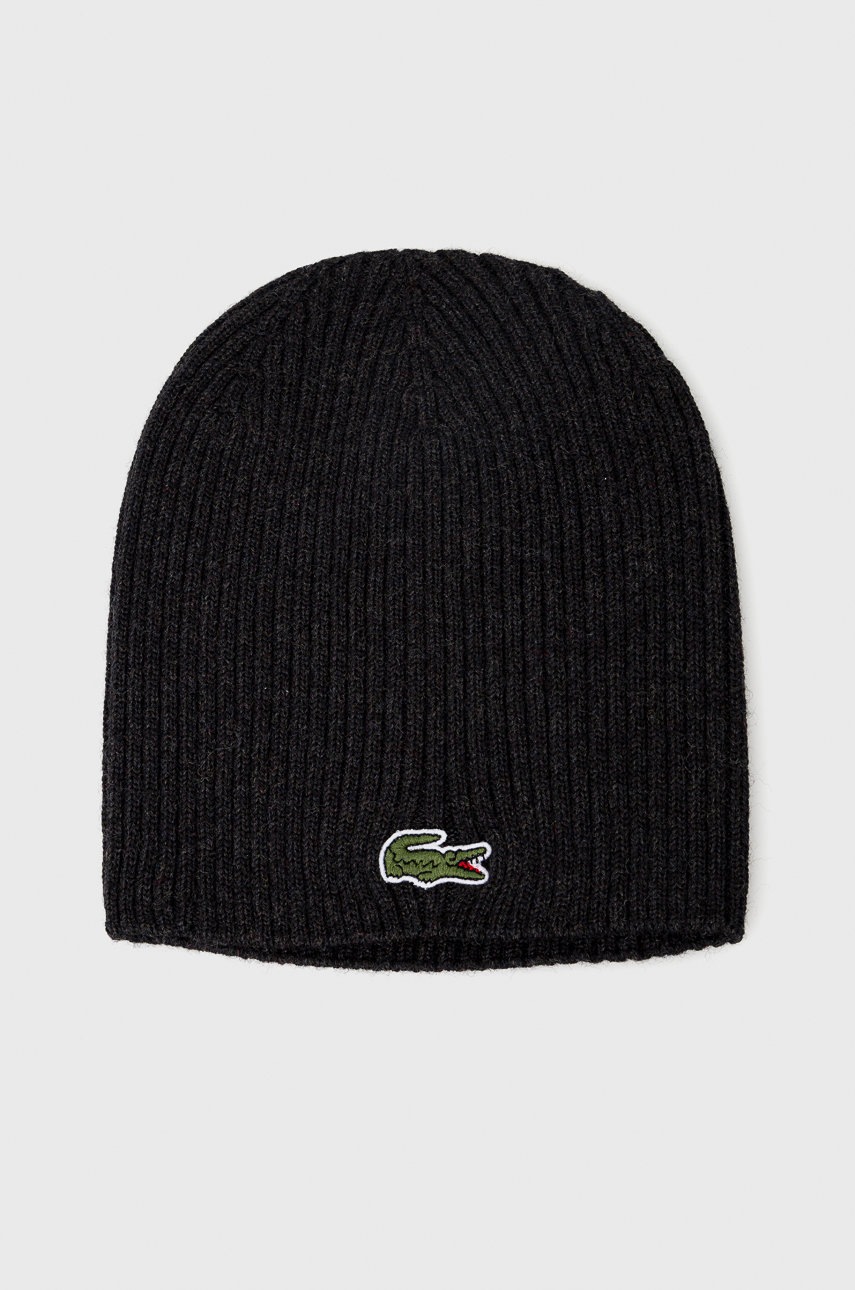 

Шапка Lacoste в сиво с фина плетка от вълна, Сив