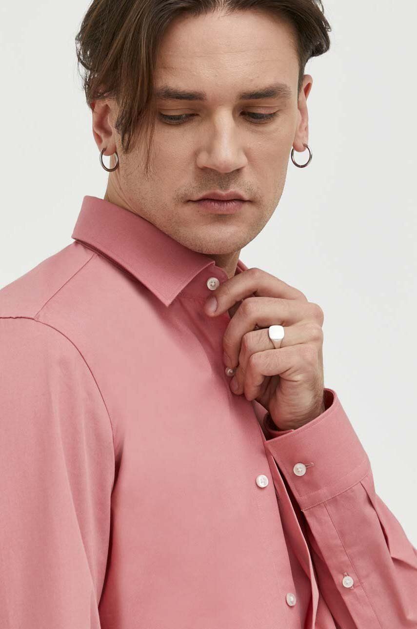 Košile HUGO pánská, růžová barva, slim, s klasickým límcem - růžová - 100 % Bavlna