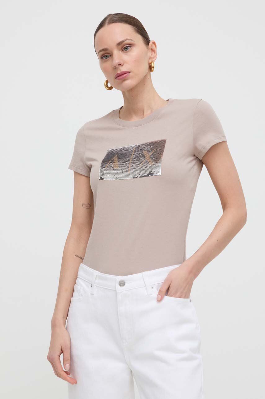 Armani Exchange tricou din bumbac culoarea bej