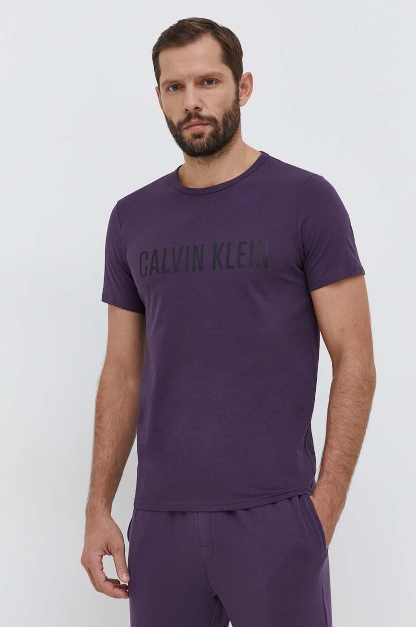 Bavlněné pyžamové tričko Calvin Klein Underwear šedá barva, s potiskem - fialová