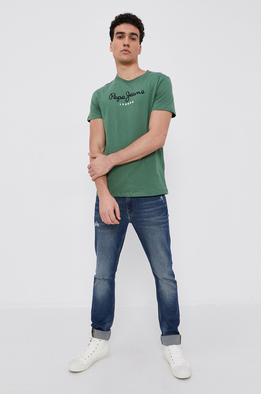 

Бавовняна футболка Pepe Jeans колір зелений з принтом