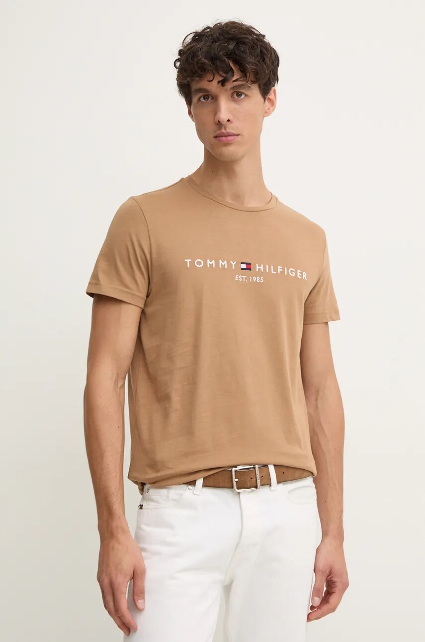 Levně Bavlněné tričko Tommy Hilfiger béžová barva, s aplikací