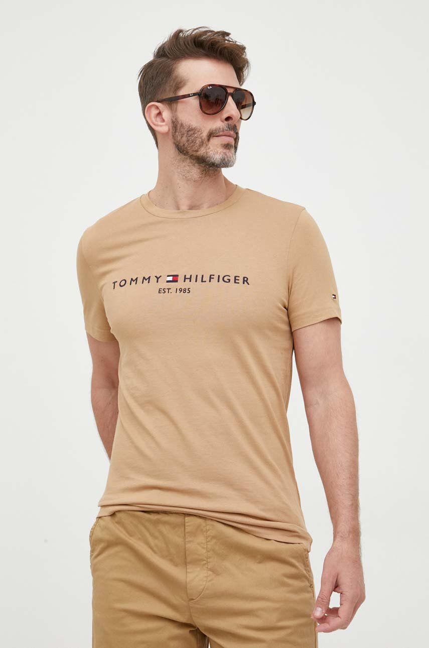 Levně Bavlněné tričko Tommy Hilfiger béžová barva, s aplikací, MW0MW11797