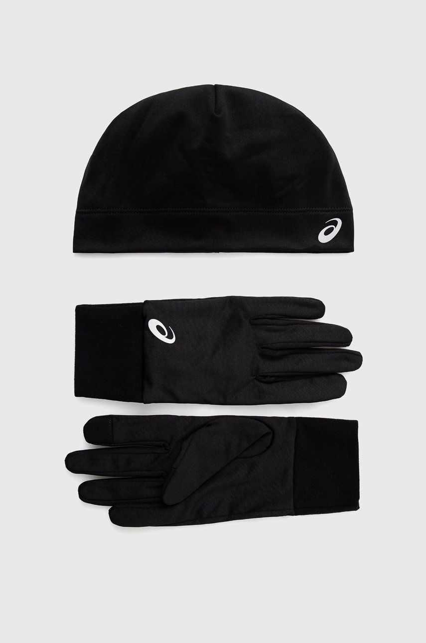 Čepice a rukavice Asics černá barva - černá -  100% Polyester