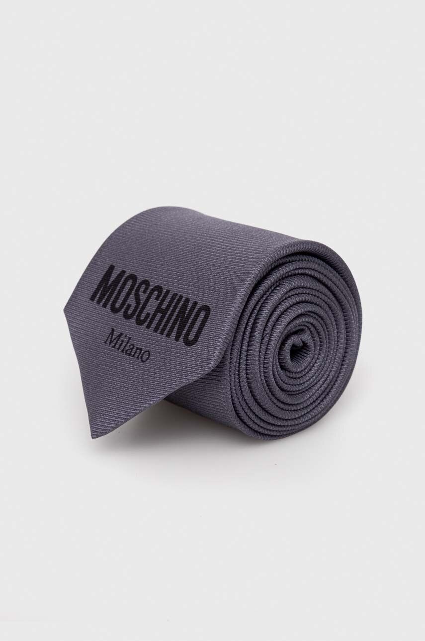 Kravata Moschino šedá barva - šedá -  100 % Hedvábí