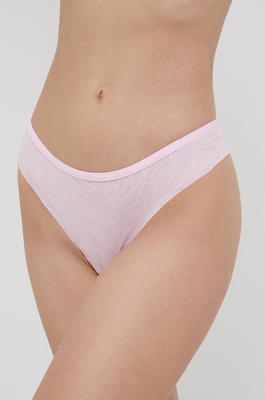 Calvin Klein Underwear Stringi kolor różowy z koronki