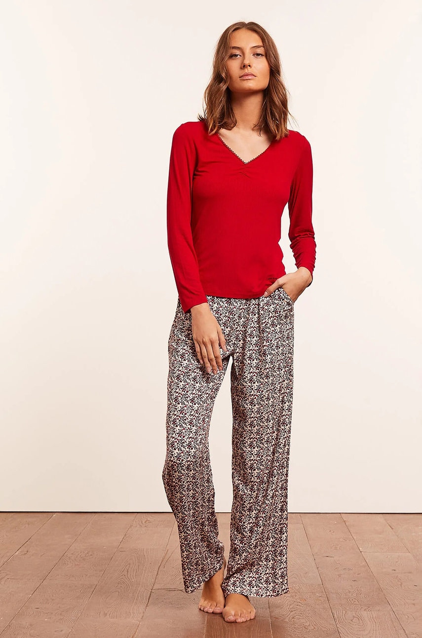 Etam Longsleeve de pijama Teresa culoarea rosu