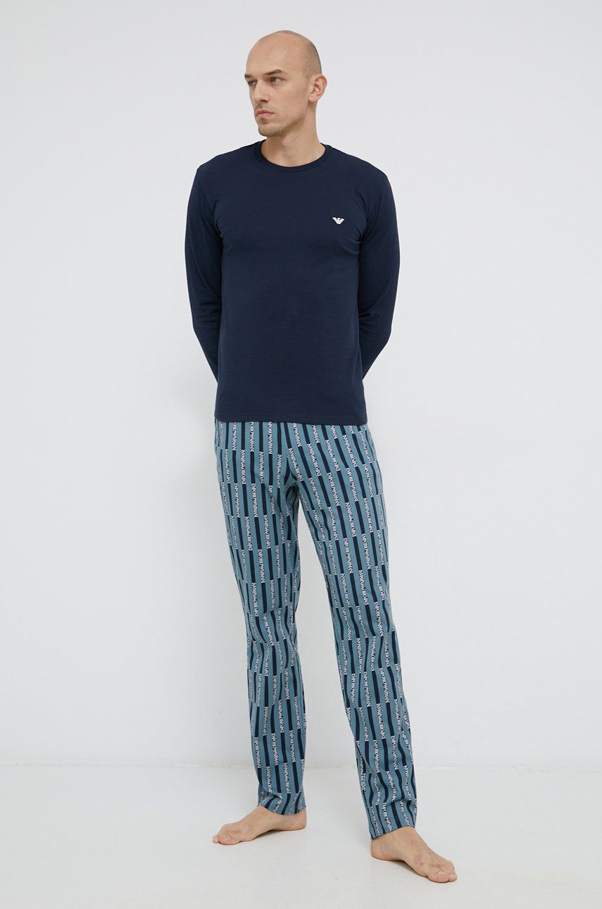 Emporio Armani Underwear Pijamale de bumbac culoarea albastru marin, material neted ANSWEAR