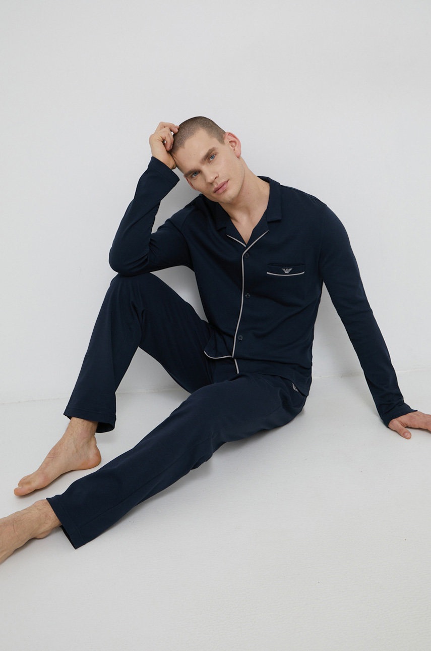 

Памучна пижама Emporio Armani Underwear в тъмносиньо с изчистен дизайн, Тъмносин