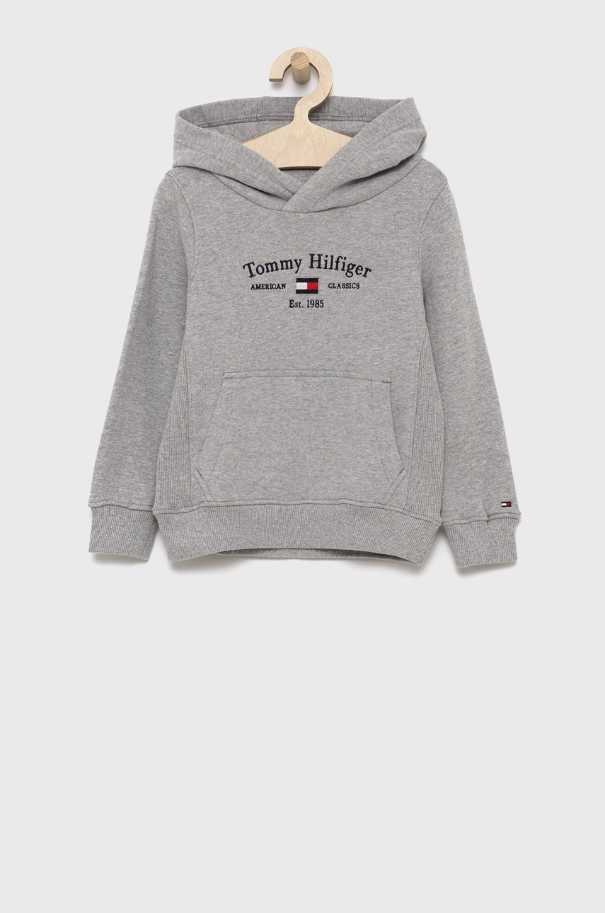

Детски памучен суичър Tommy Hilfiger в сиво с апликация, Сив