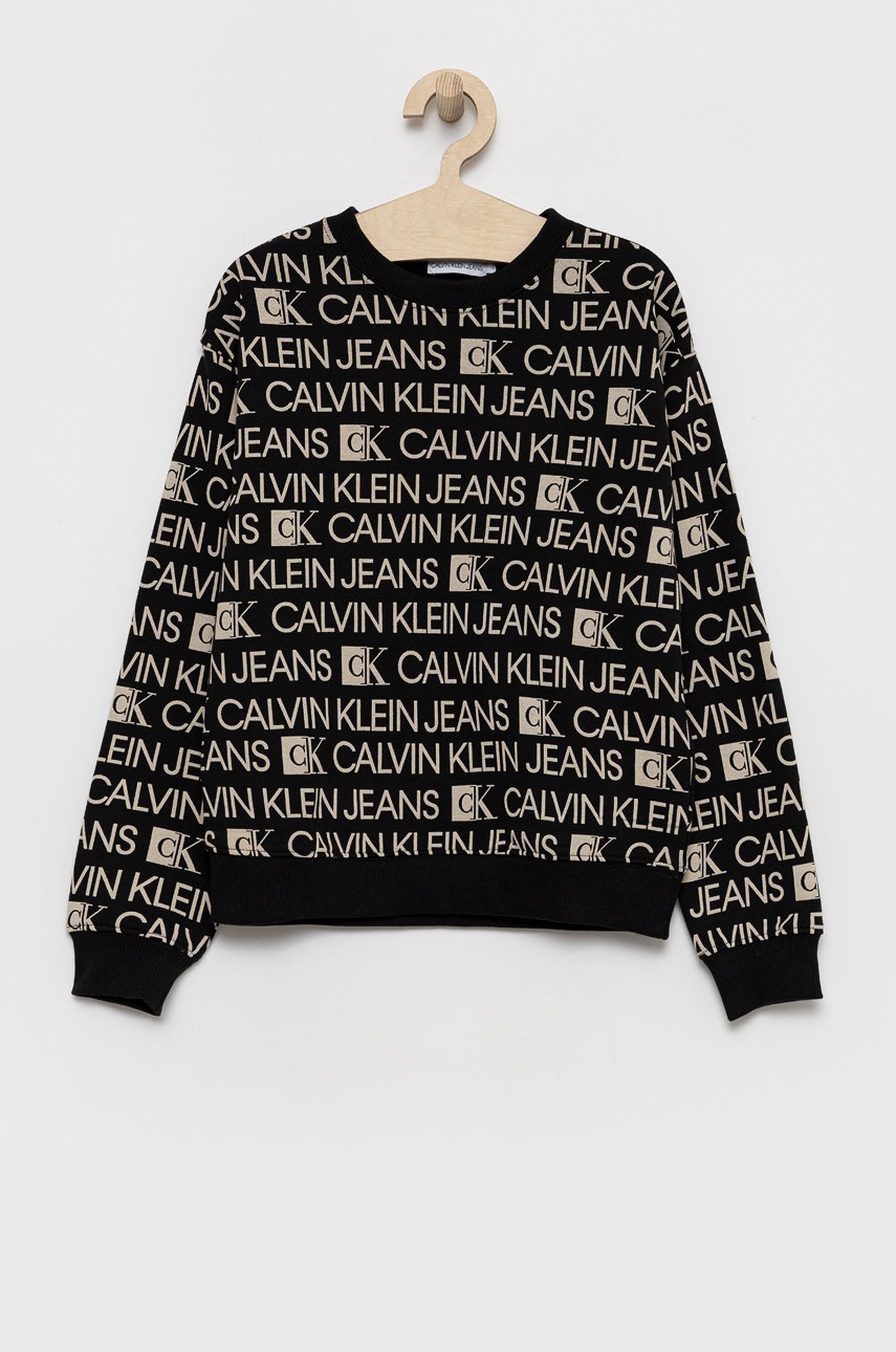 

Детски памучен суичър Calvin Klein Jeans в черно с десен, Черен