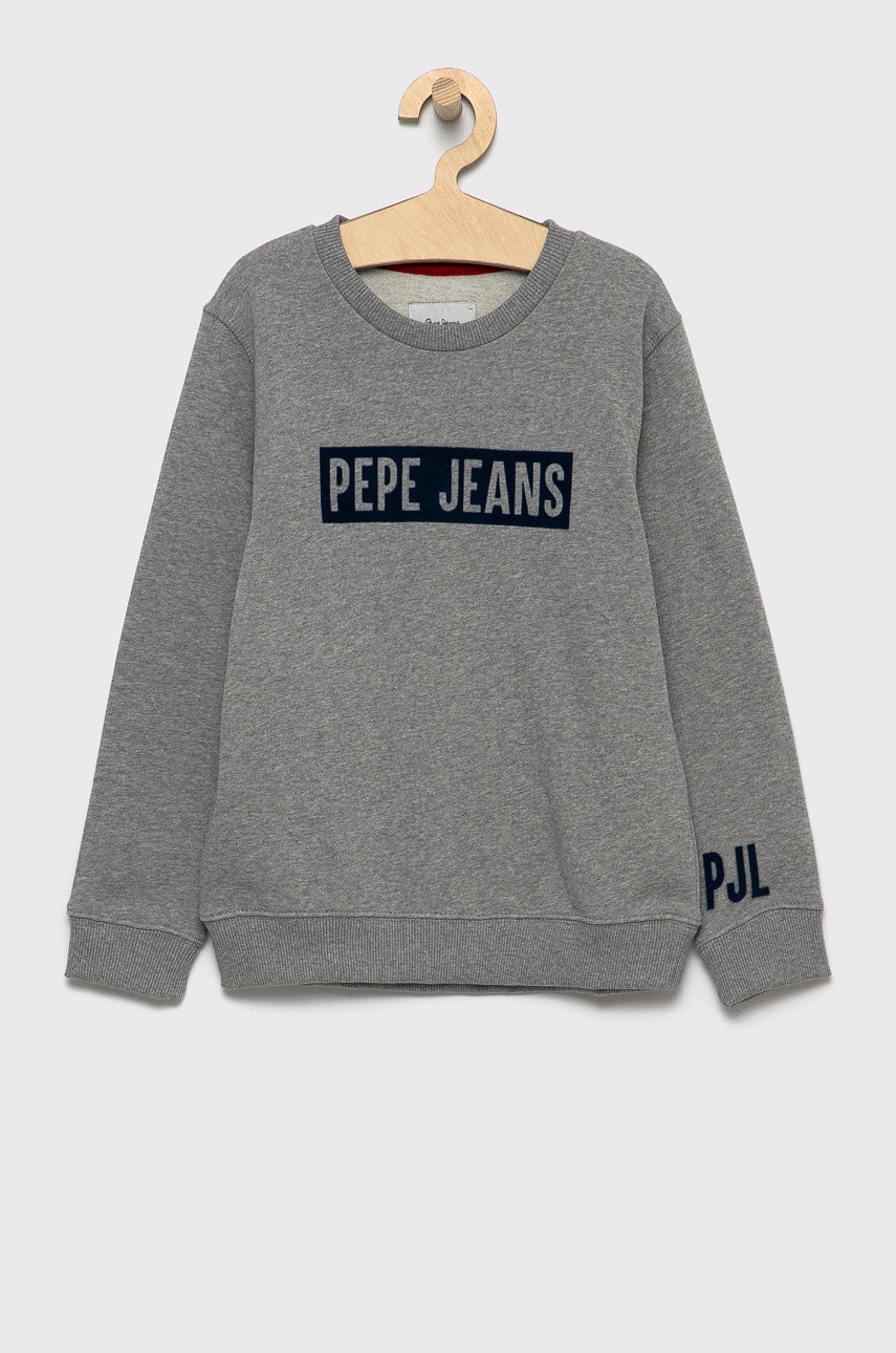 

Детски памучен суичър Pepe Jeans в сиво с апликация, Сив