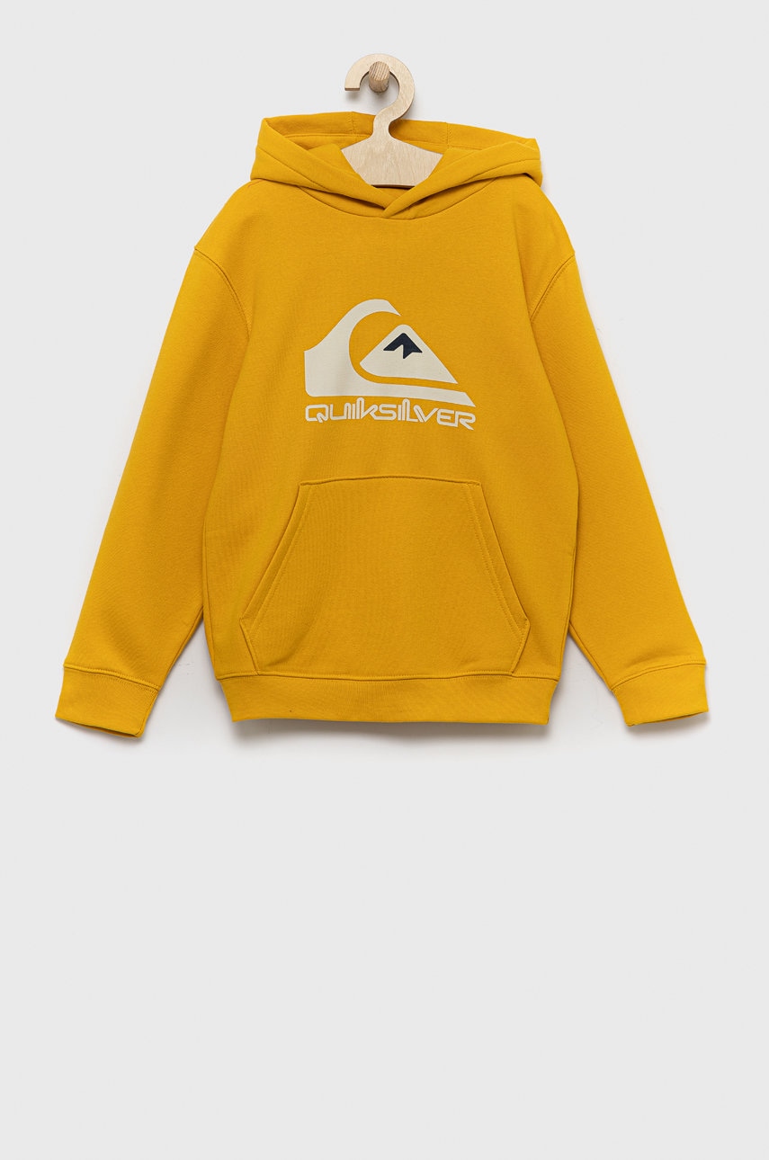 Quiksilver bluza copii culoarea galben, cu glugă, cu imprimeu