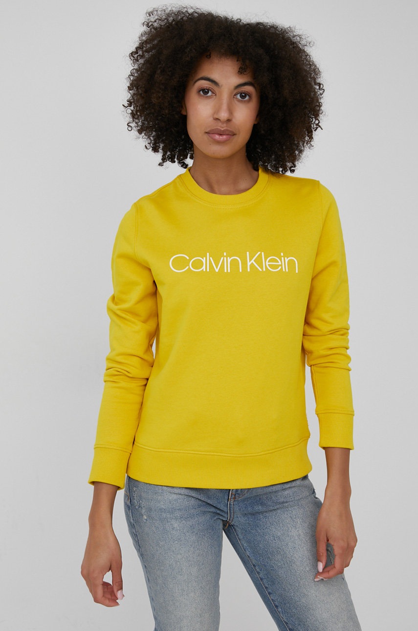

Памучен суичър Calvin Klein дамска в розово с апликация, Жълт