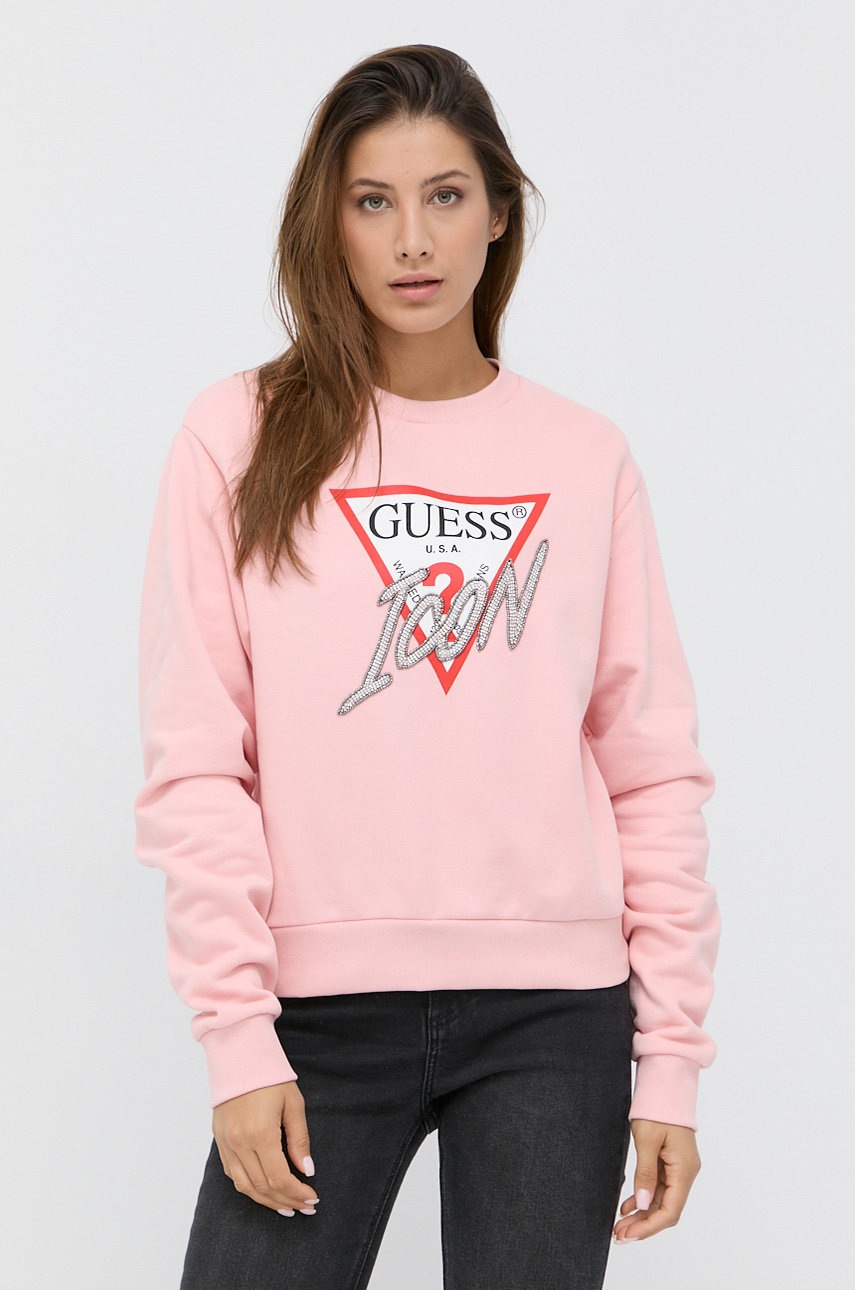 

Суичър Guess дамски в розово с апликация, Розов
