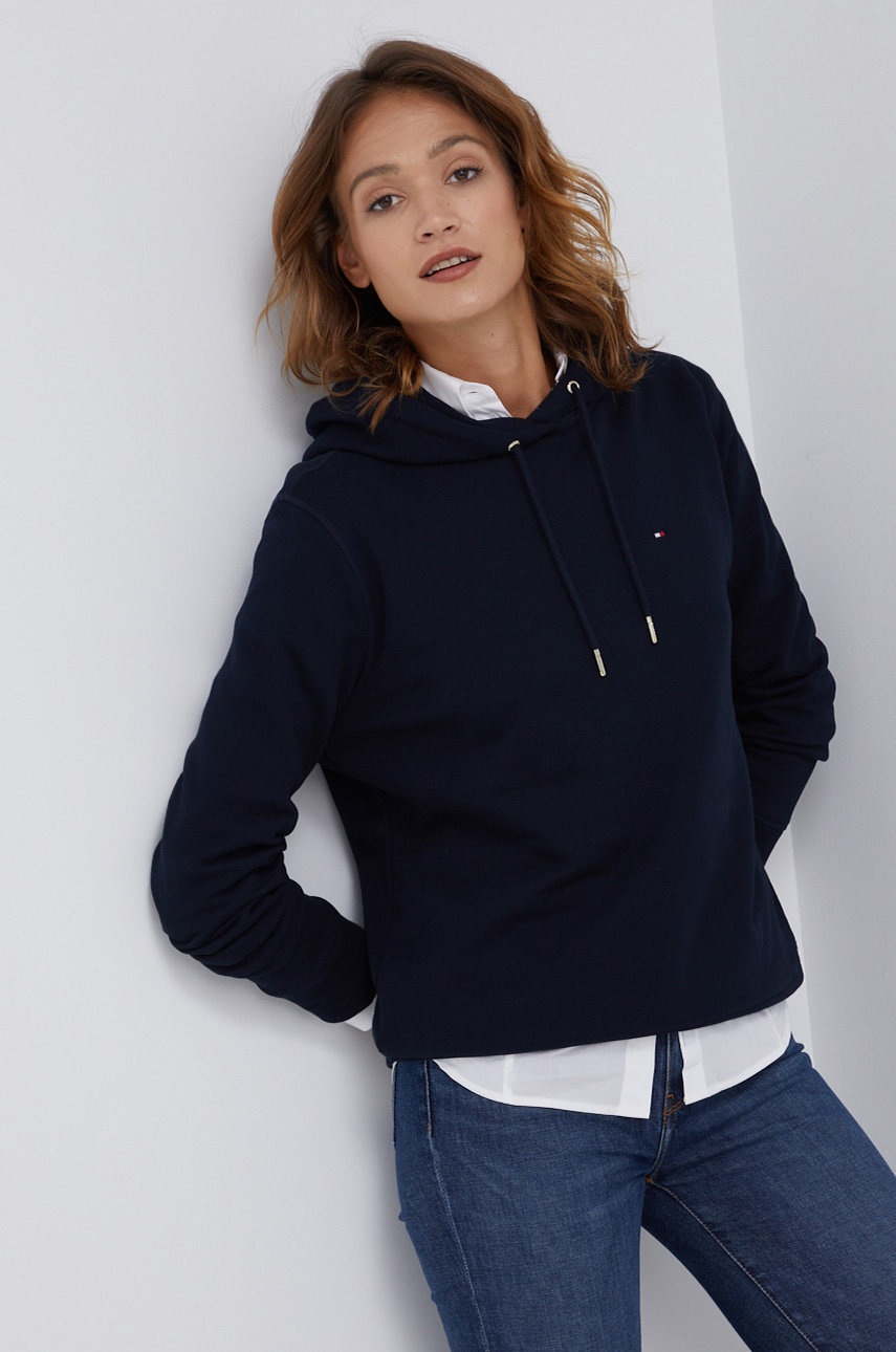 

Памучен суичър Tommy Hilfiger дамски в тъмносиньо с изчистен дизайн, Тъмносин
