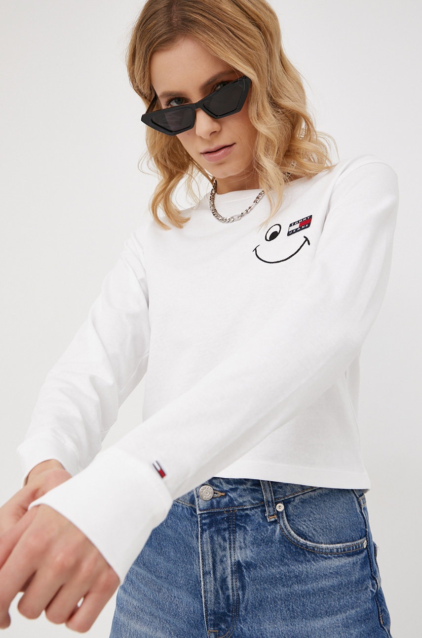

Памучна блуза с дълги ръкави Tommy Jeans в бяло, Бял