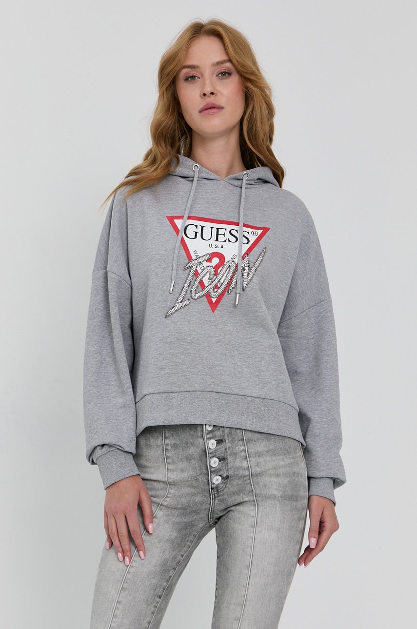 

Суичър Guess дамски в сиво с апликация, Сив