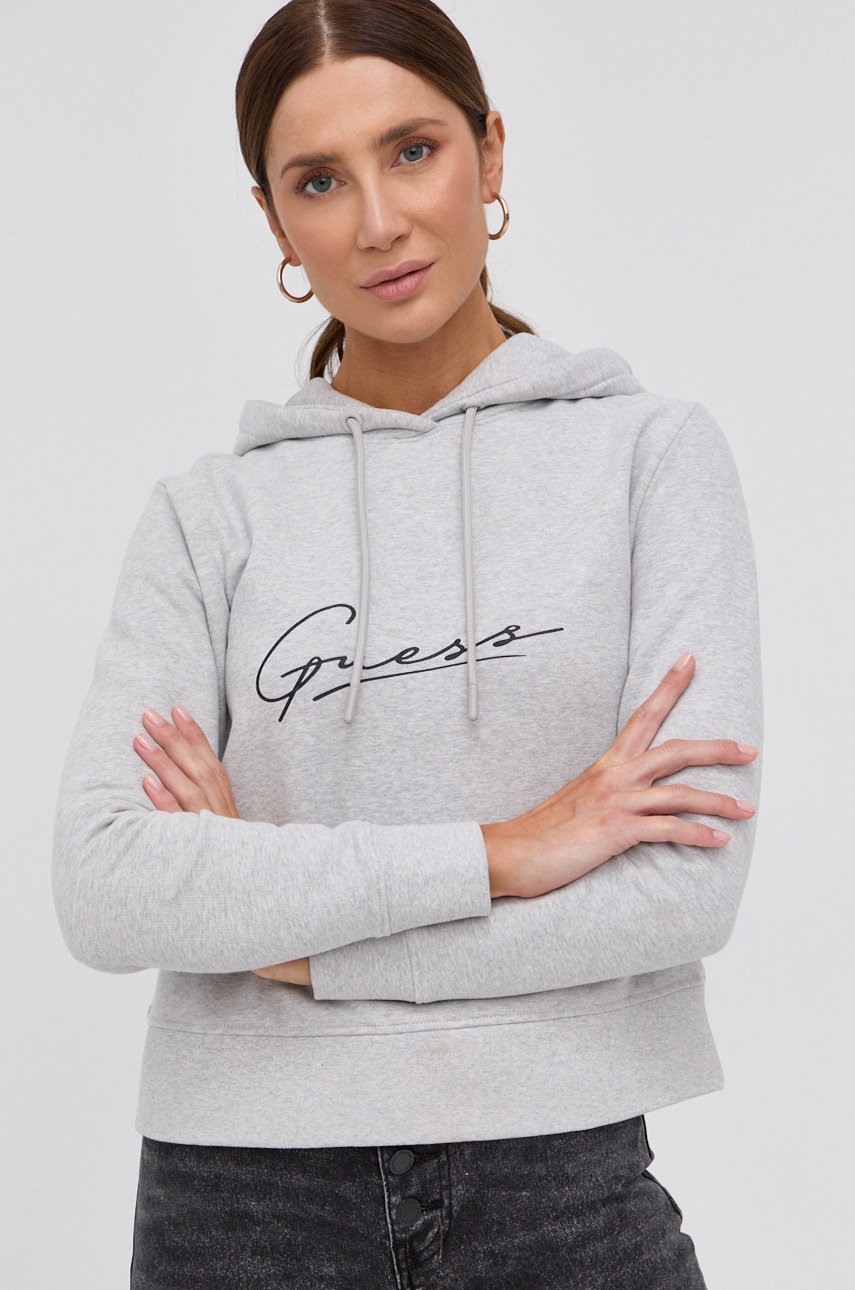 

Памучен суичър Guess дамски в сиво с изчистен дизайн, Сив