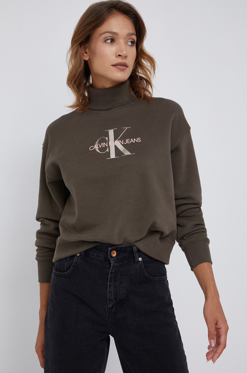 

Памучен суичър Calvin Klein Jeans дамски в зелено с принт, Зелен