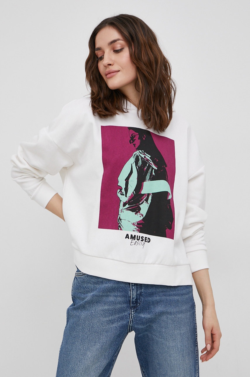 Only Bluza damska kolor biały z kapturem z nadrukiem
