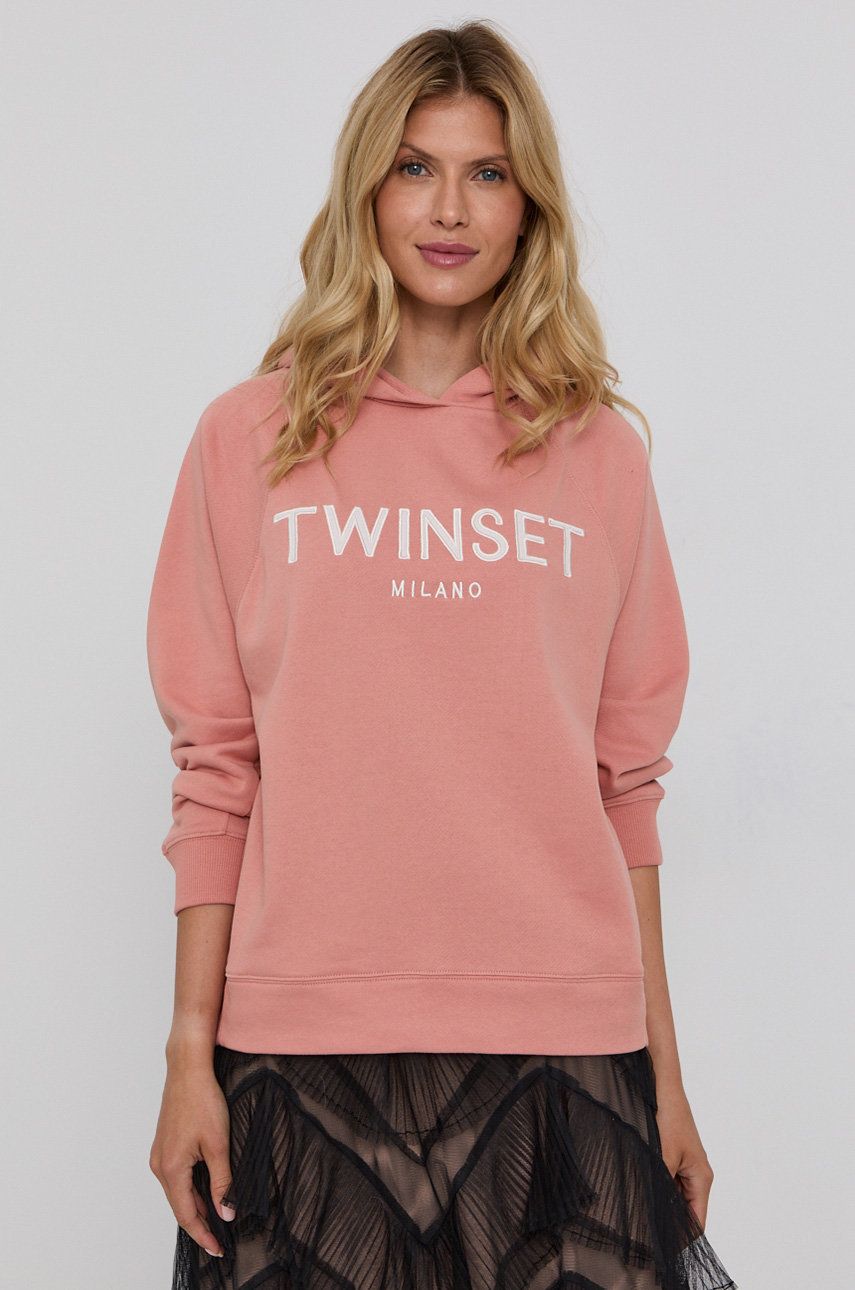 Twinset Bluza bawełniana damska kolor różowy z kapturem z aplikacją