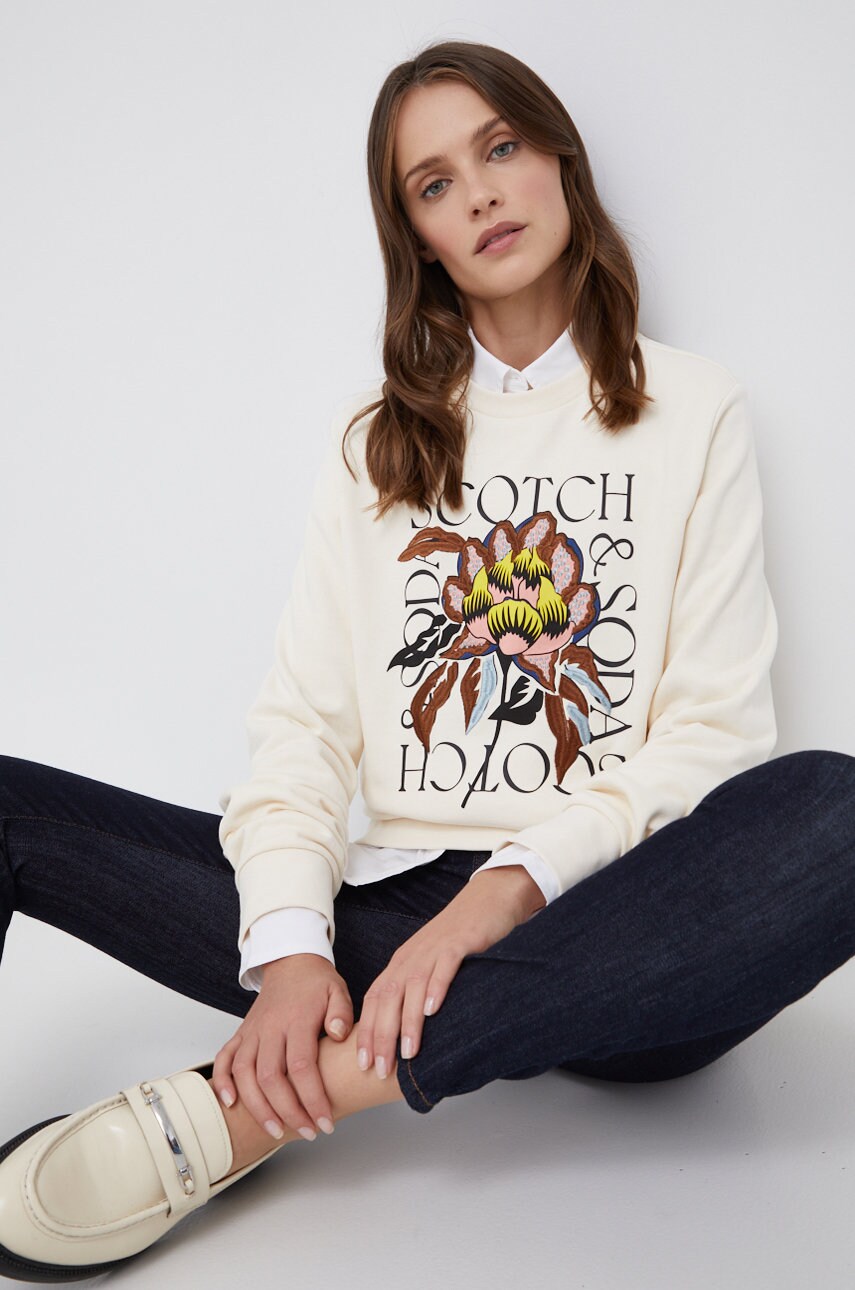 Scotch & soda hanorac de bumbac femei, culoarea crem, cu imprimeu