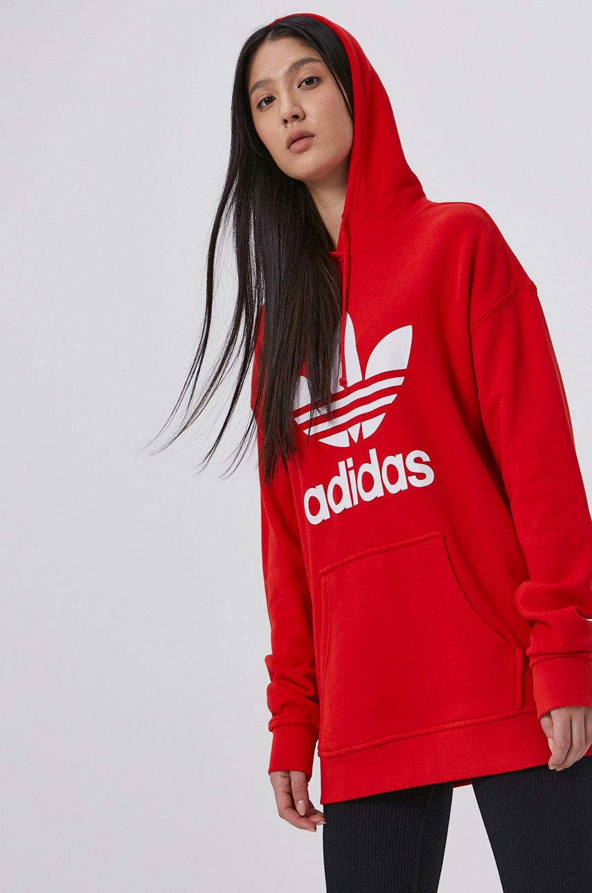 adidas Originals Bluza bawełniana damska kolor czerwony z kapturem z nadrukiem