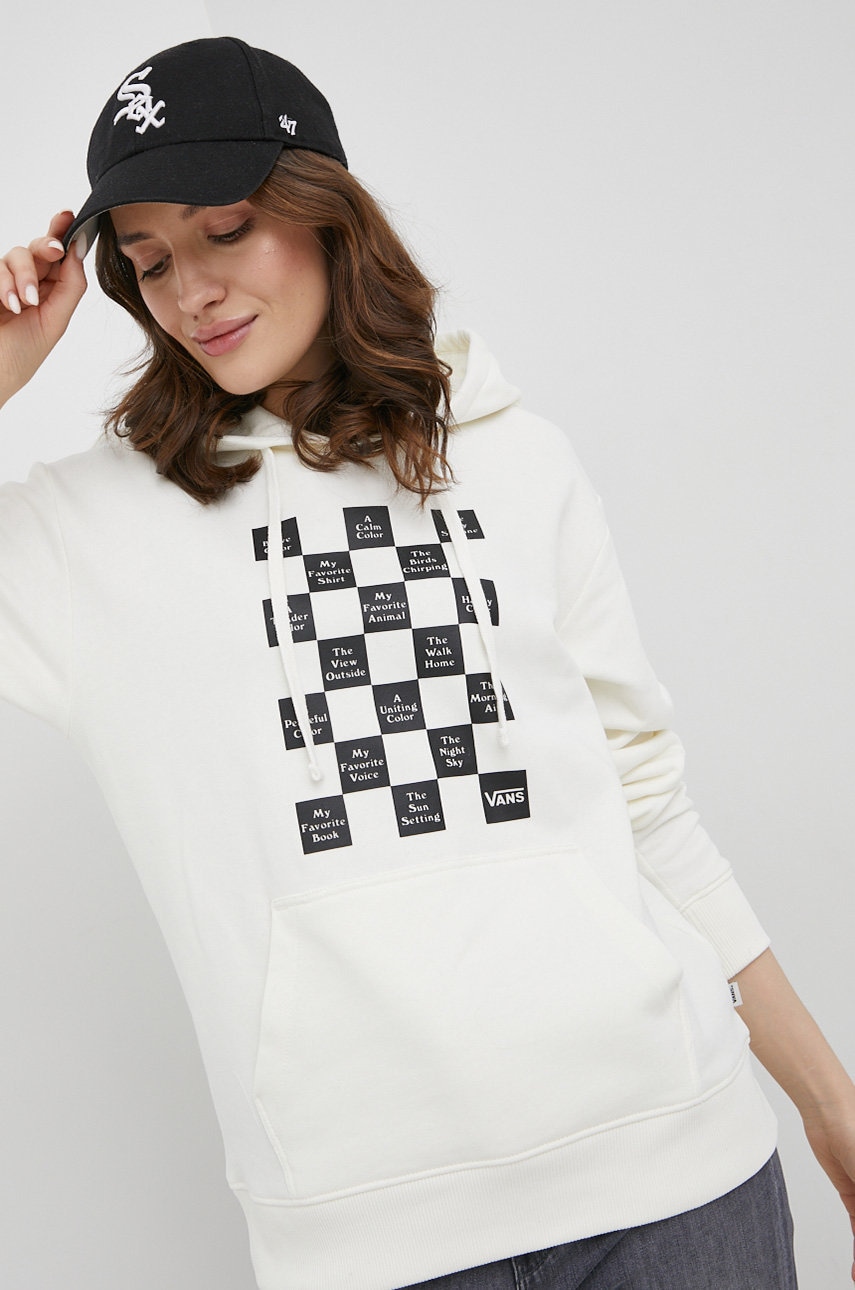 Vans Bluza bawełniana damska kolor beżowy z kapturem z nadrukiem