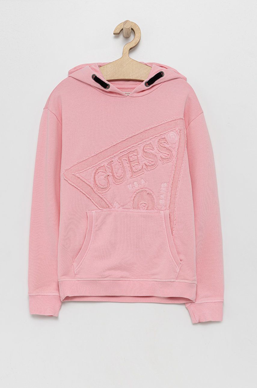 Guess Bluza bawełniana dziecięca kolor różowy z kapturem z aplikacją